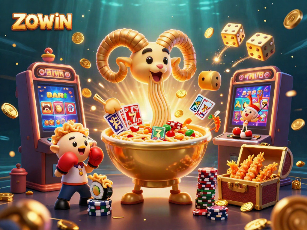 ZOWIN's vibrant gaming scene with a giant ramen bowl character and engaging casino elements.