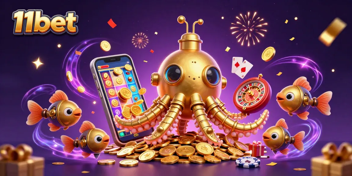 Engage with 11bet's underwater adventure featuring vibrant casino games, golden coins, and a kraken submarine.