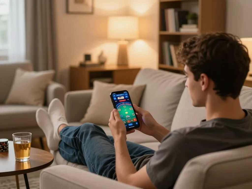 Player engaging with ALO8 mobile app for poker in a cozy home setting, showcasing an exciting online gaming experience.
