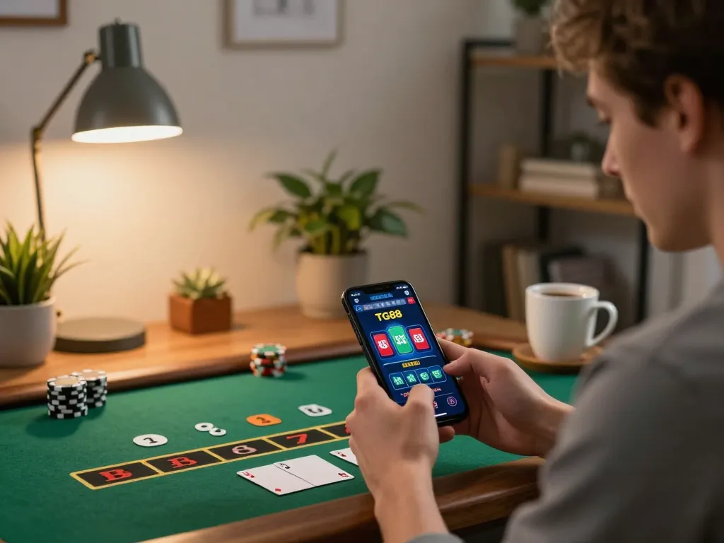 Player engaging with the TG88 casino app for a live dealer game, showcasing an immersive mobile gaming experience.