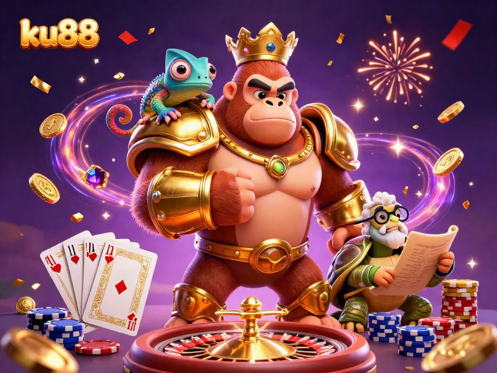 ku88 showcases a dynamic casino scene with a gorilla king and vibrant gaming elements.