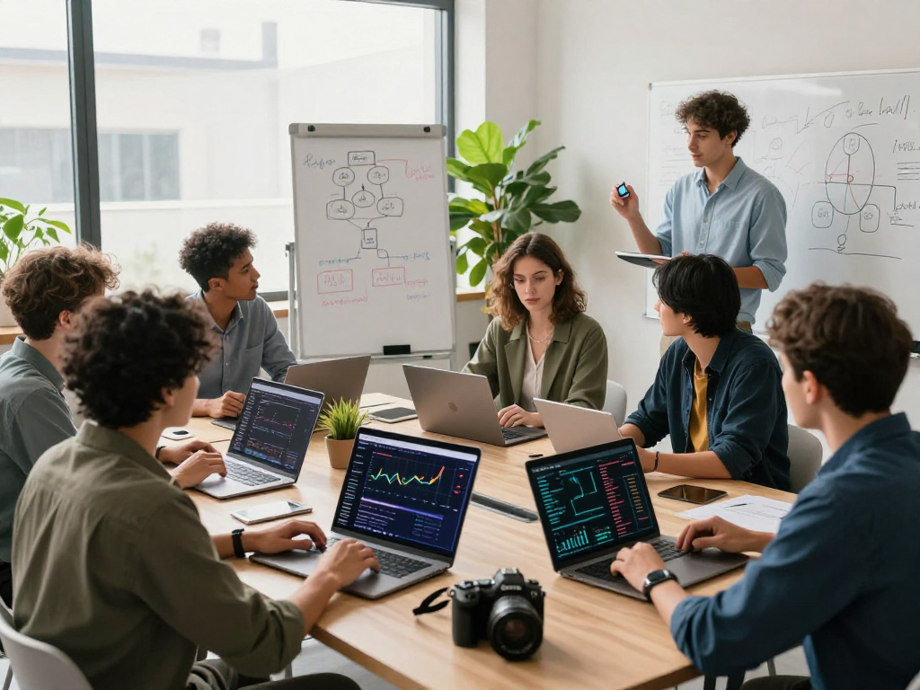 Kyber-swap trading collaboration in a vibrant co-working space, showcasing diverse crypto enthusiasts and digital asset tracking.
