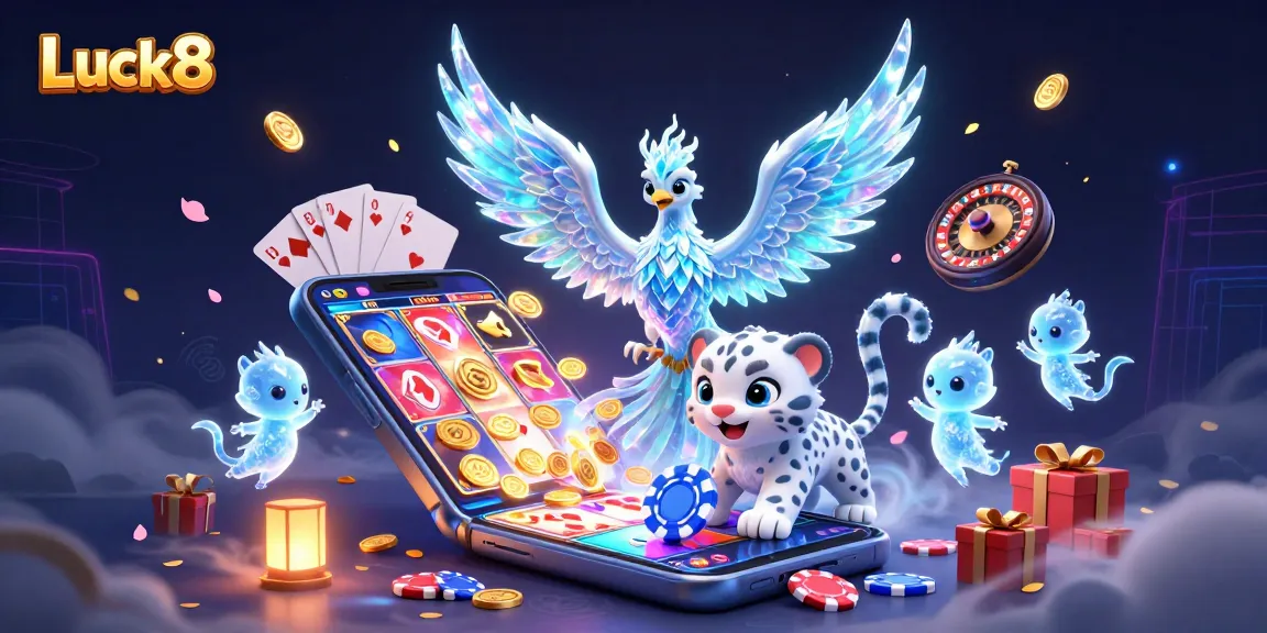 Luck8 players enjoying casino ambiance with vibrant poker action and ice-themed characters.