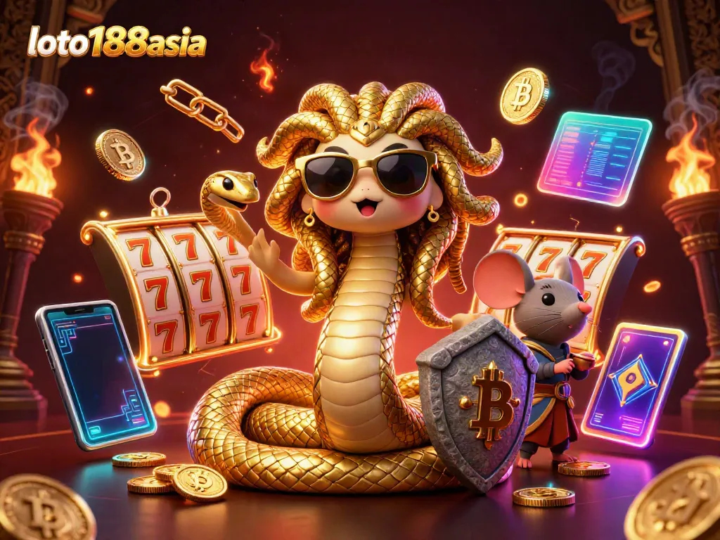 Experience the slot excitement at loto188asia with Medusa and a brave mouse in a vibrant casino scene.
