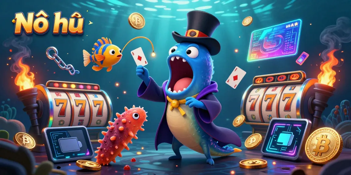 Nổ hũ showcases a dynamic jackpot scene with glowing coins, eel performers, and casino elements