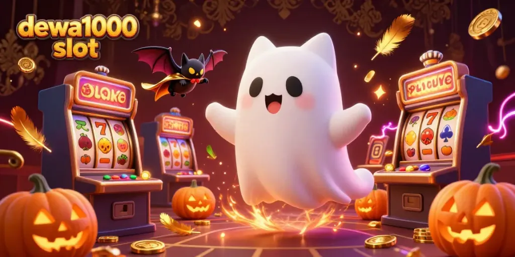 Spin the exciting dewa1000 slot with a ghost cat and a vampire bat in a vibrant casino.