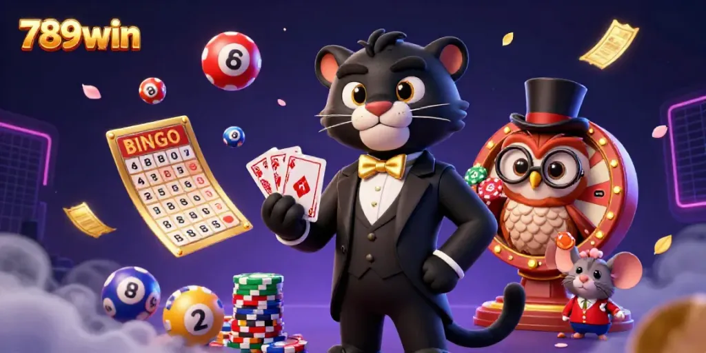 Experience the thrill of winning at 789win with a black panther dealer, owl, and mouse surrounded by casino elements.