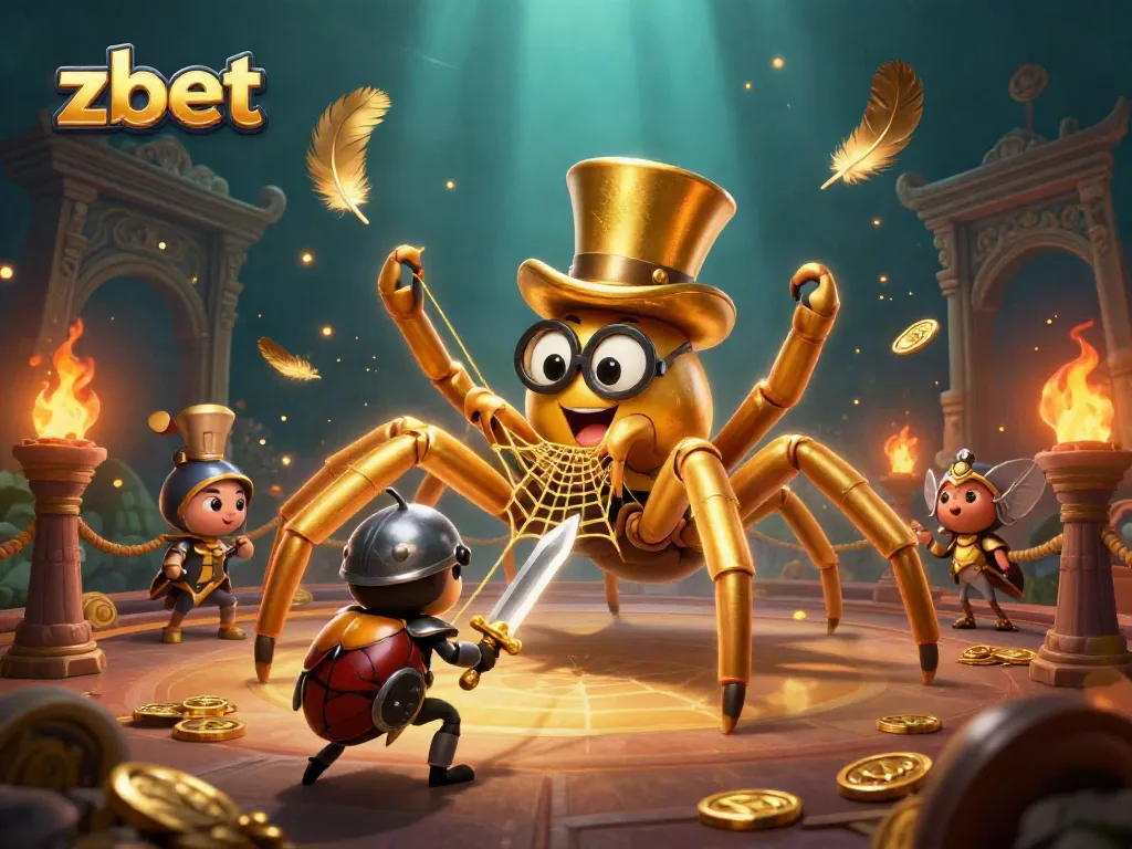 Bet on thrilling games with zbet, featuring a golden tarantula and a brave beetle knight.
