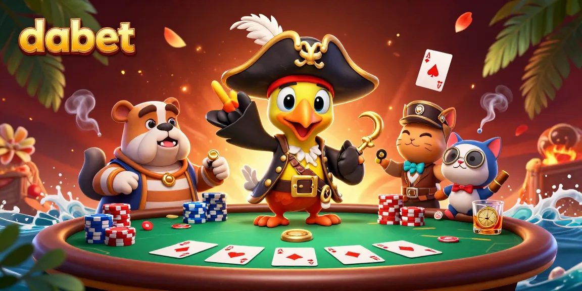 dabet's lively casino scene with a pirate captain, bulldog, and cat navigating poker adventures.