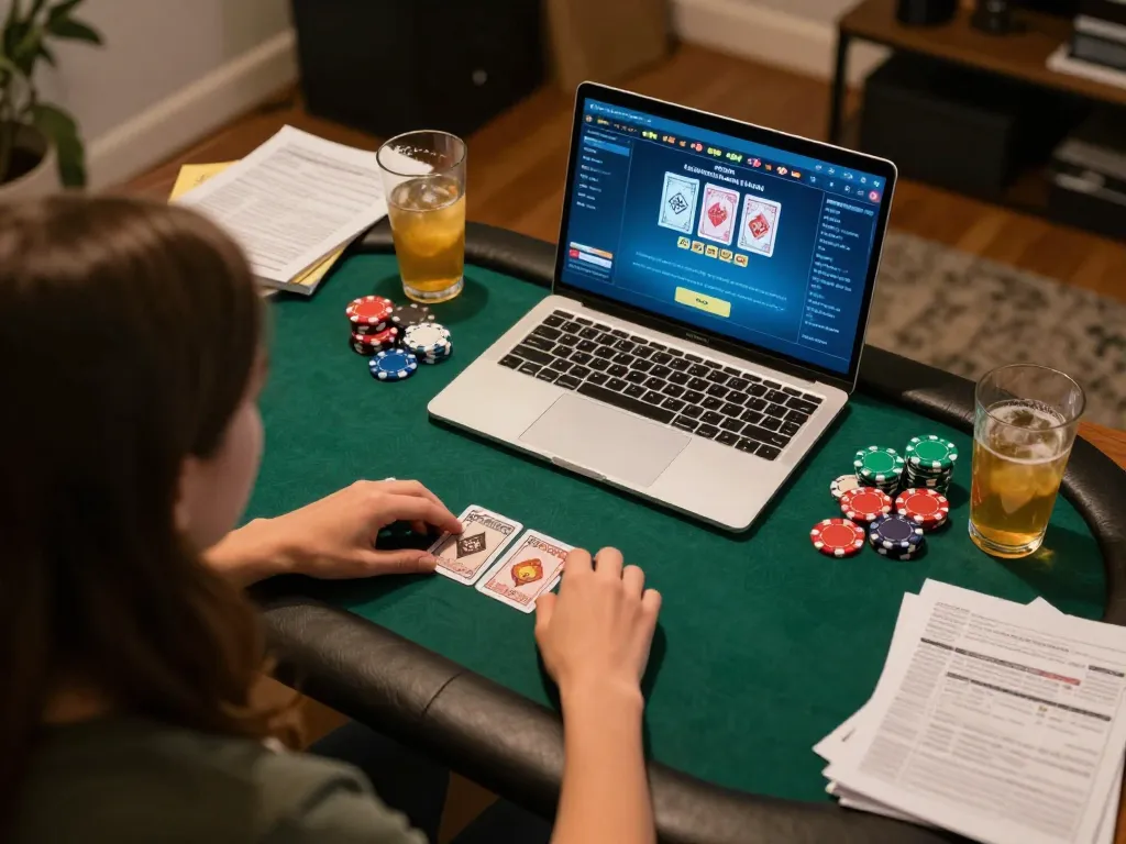 Maxpoker88 player analyzing strategy notes while engaging in online poker gameplay at home
