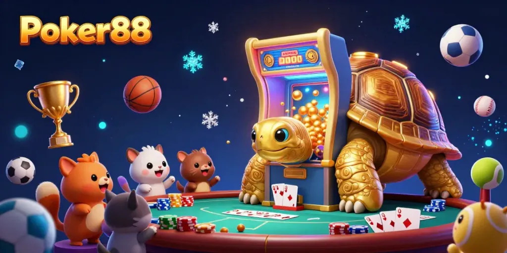 Engage with Poker88's vibrant gaming world featuring a golden tortoise pinball and poker excitement.