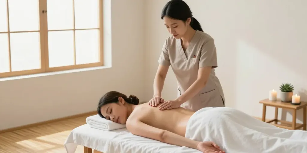 송파출장안마 performed by a therapist in a tranquil home setting with soft natural lighting.