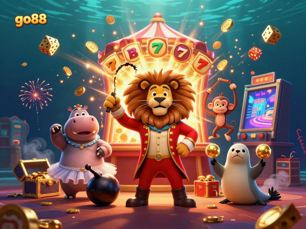 Experience go88 excitement with bright casino elements and animated characters in action.