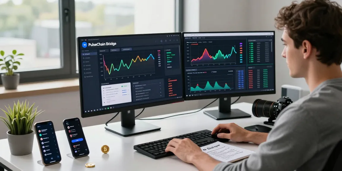 Efficient PulseChain Bridge setup showing ETH and PLS transactions in a modern workspace, highlighting low fees and user-friendly interface.