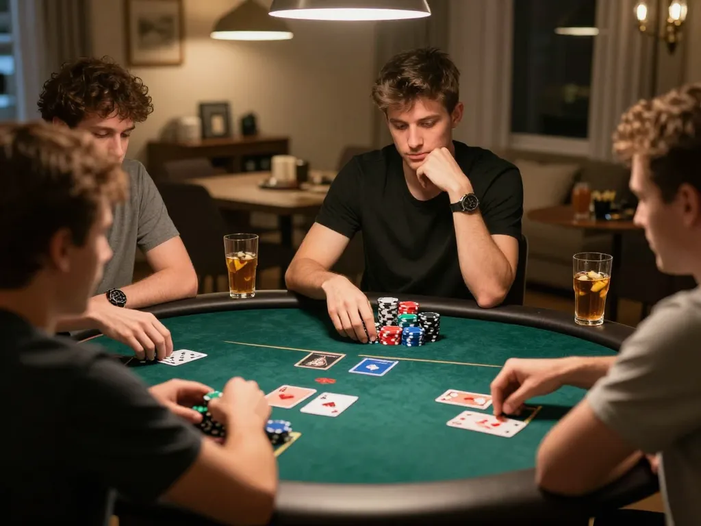 Bongdalu users enjoying an engaging poker night, showcasing colorful chips and strategic gameplay around a round table.