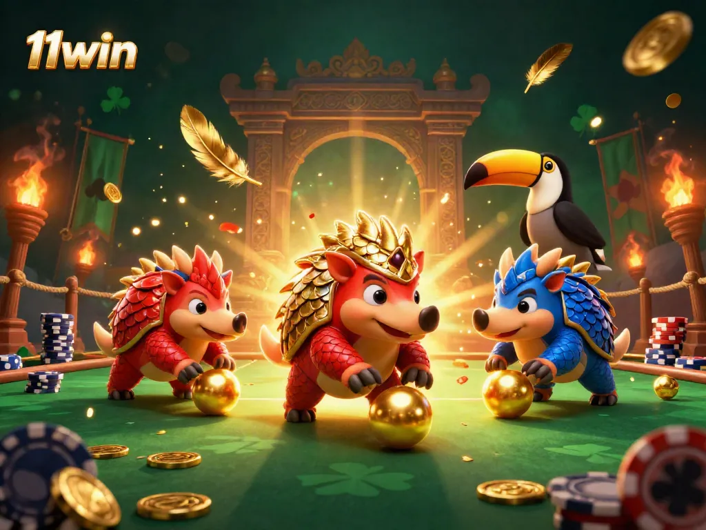 Engaging 11win illustration depicting vibrant pangolins battling in a bustling casino setting with colorful confetti.