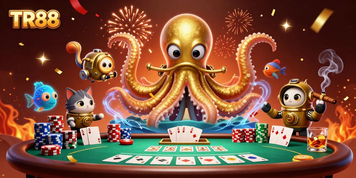 Engage in thrilling gameplay at TR88 as the kraken and diving cat celebrate amidst poker chips.