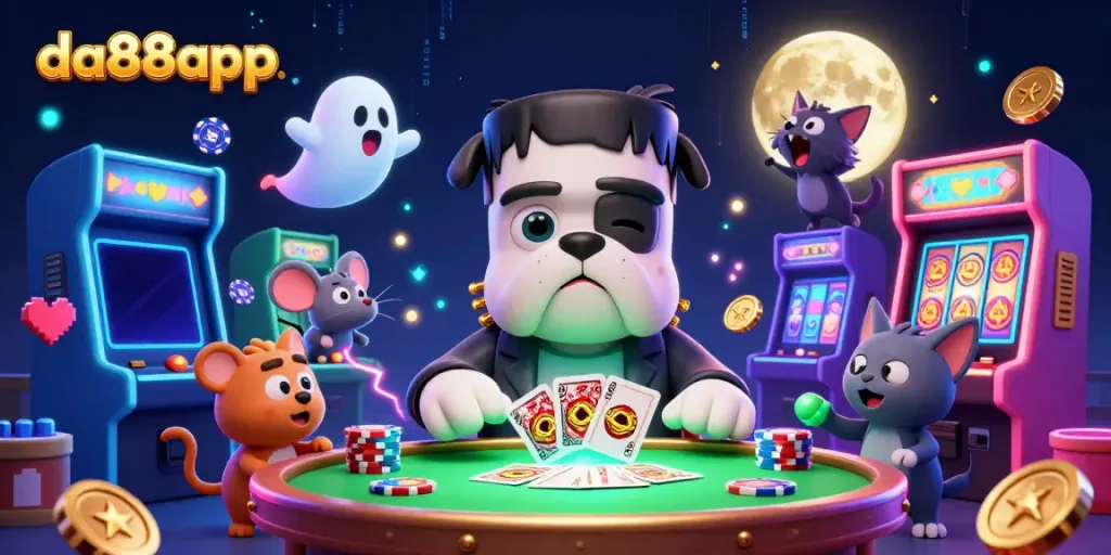 Engage with da88app's dynamic gaming atmosphere featuring playful characters and vibrant casino elements.