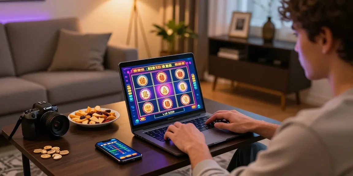 Engaging home gaming scene featuring Link Slot Gacor Kartupoker on a laptop, showcasing vibrant slot graphics and casual player vibe.
