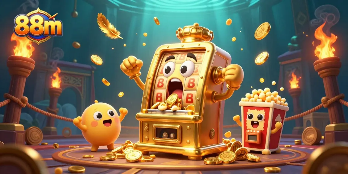 Experience thrilling jackpots at 88m with an animated golden slot machine celebrating its big win among cheering companions.