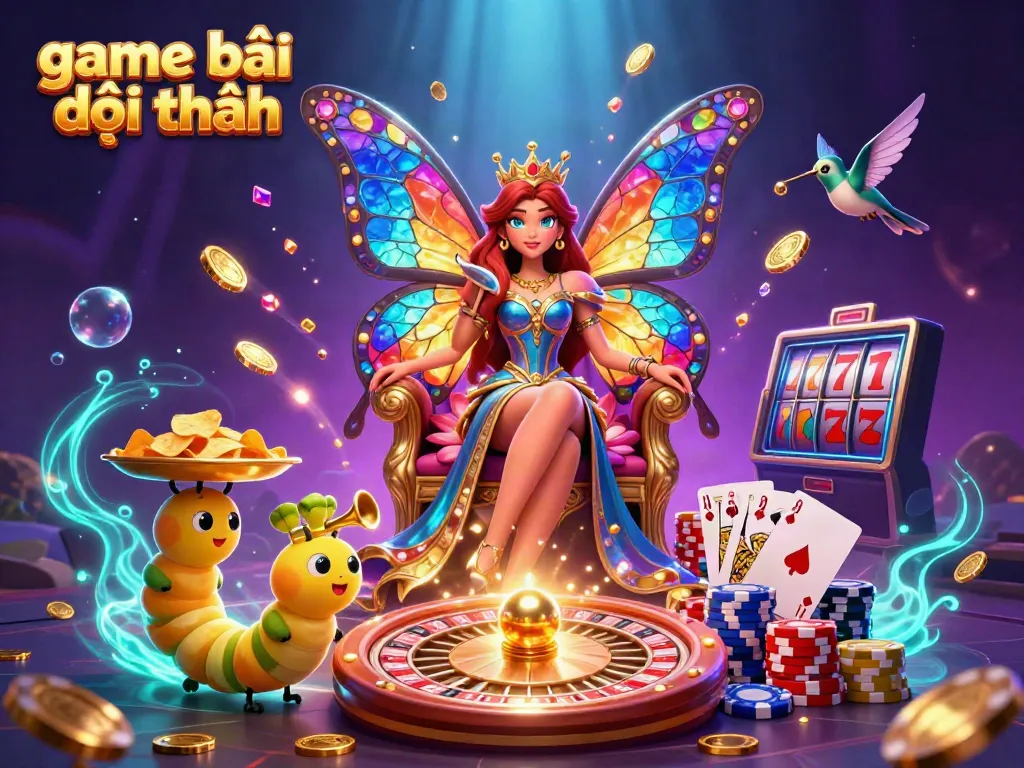 The butterfly queen presides over the game bài đổi thưởng scene, surrounded by chips and glowing designs.