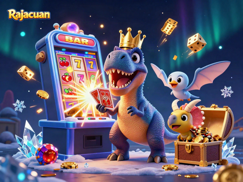 Rajacuan rewards players with exciting slot machine action featuring a T-Rex, pterodactyl assistant, and golden chips.