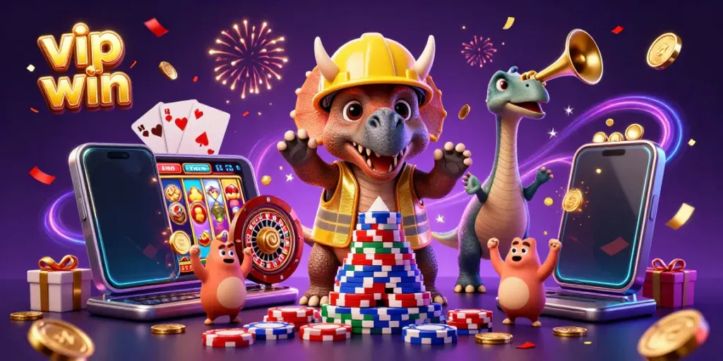 Engage in thrilling gaming with vip win as characters celebrate a vibrant casino atmosphere, showcasing colorful slot machines and poker chips.