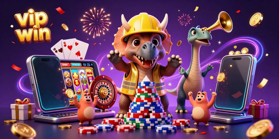 Engage in thrilling gaming with vip win as characters celebrate a vibrant casino atmosphere, showcasing colorful slot machines and poker chips.