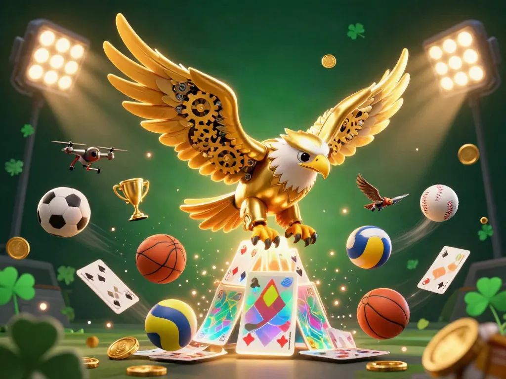 Experience thrilling sports betting with 11bet in a dynamic scene featuring a cybernetic eagle and sports elements.