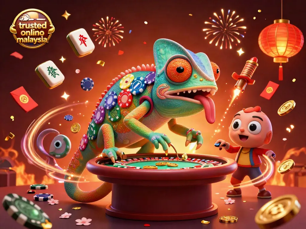 Explore the lively scene of a trusted online casino malaysia with a colorful chameleon character amidst festive elements.