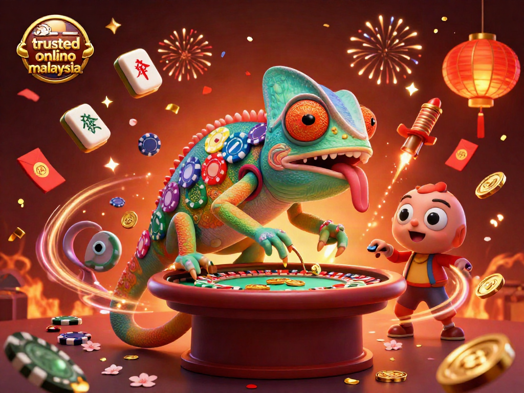 Explore the lively scene of a trusted online casino malaysia with a colorful chameleon character amidst festive elements.