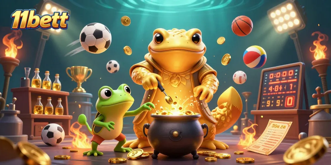 Experience the gaming excitement at 11bett with captivating gold-themed alchemy illustration.