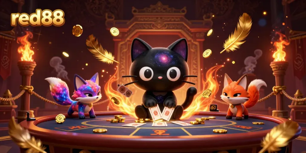 Watch the cosmic black hole cat charmingly pull in chips and cards in the immersive red88 casino experience.