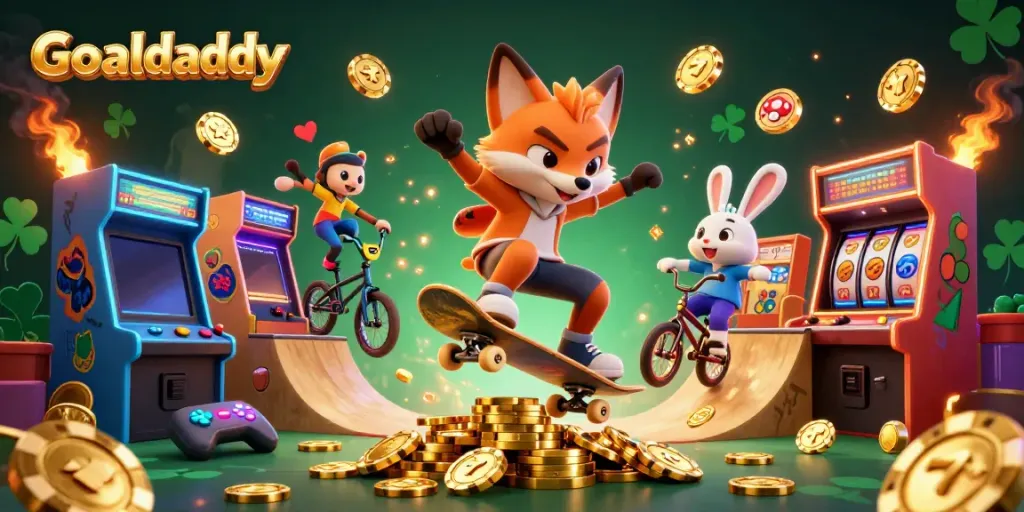 Experience Goaldaddy's thrilling slot action with a vibrant 3D scene of cartoon characters and casino elements.