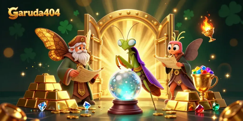 Winning at garuda404 with vibrant characters diving into jewels and casino treasures.