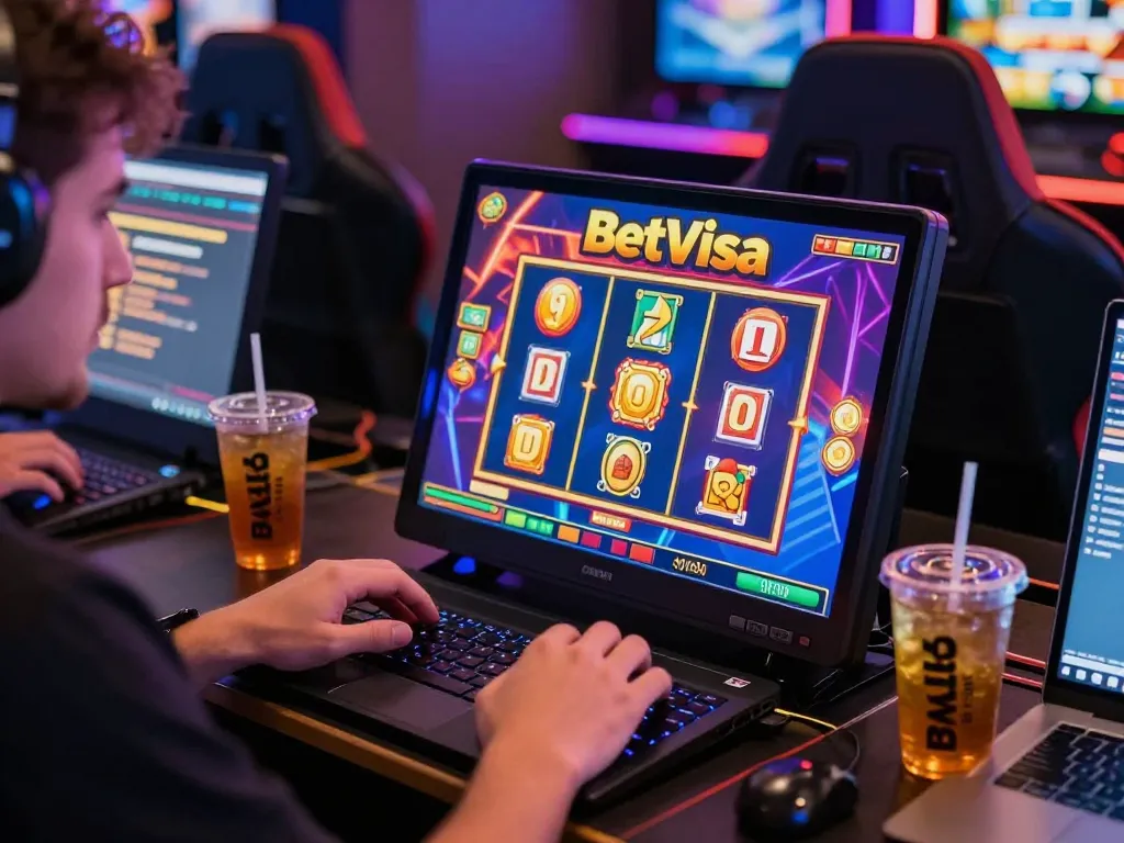Engaging player immersed in BetVisa Slot on a touchscreen device with vibrant graphics, stylish gaming setup, and inviting atmosphere.