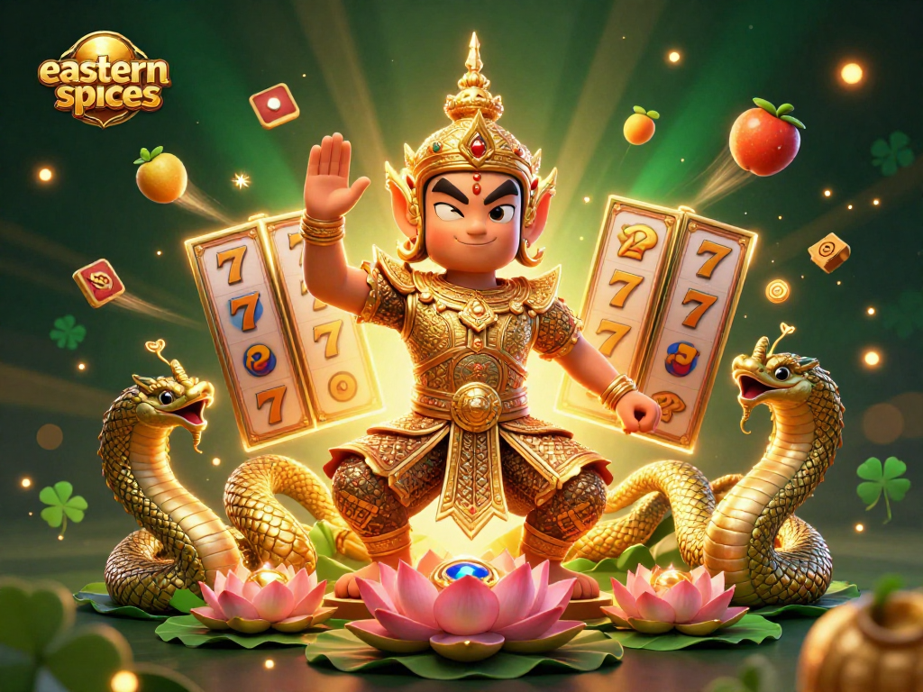 Experience thrilling slots with easternspices as vibrant visuals of jackpots and guardian deities unfold.