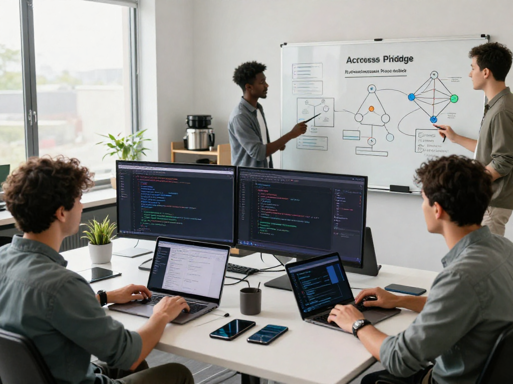 Developers collaborating in a modern tech workspace using acrossprotocol for cross-chain asset transfers with dynamic blockchain analytics.