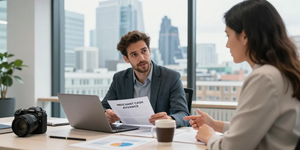Explore merchant cash advance London options with a financial advisor in a modern office.
