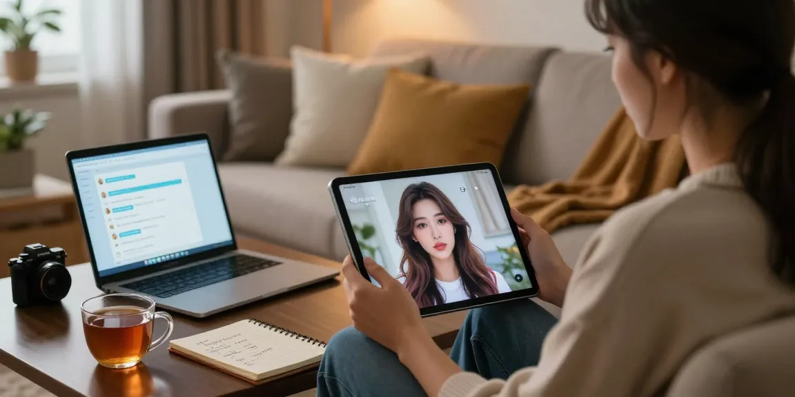 Engaging with an AI gf on a tablet in a cozy home setting, showcasing digital companionship.
