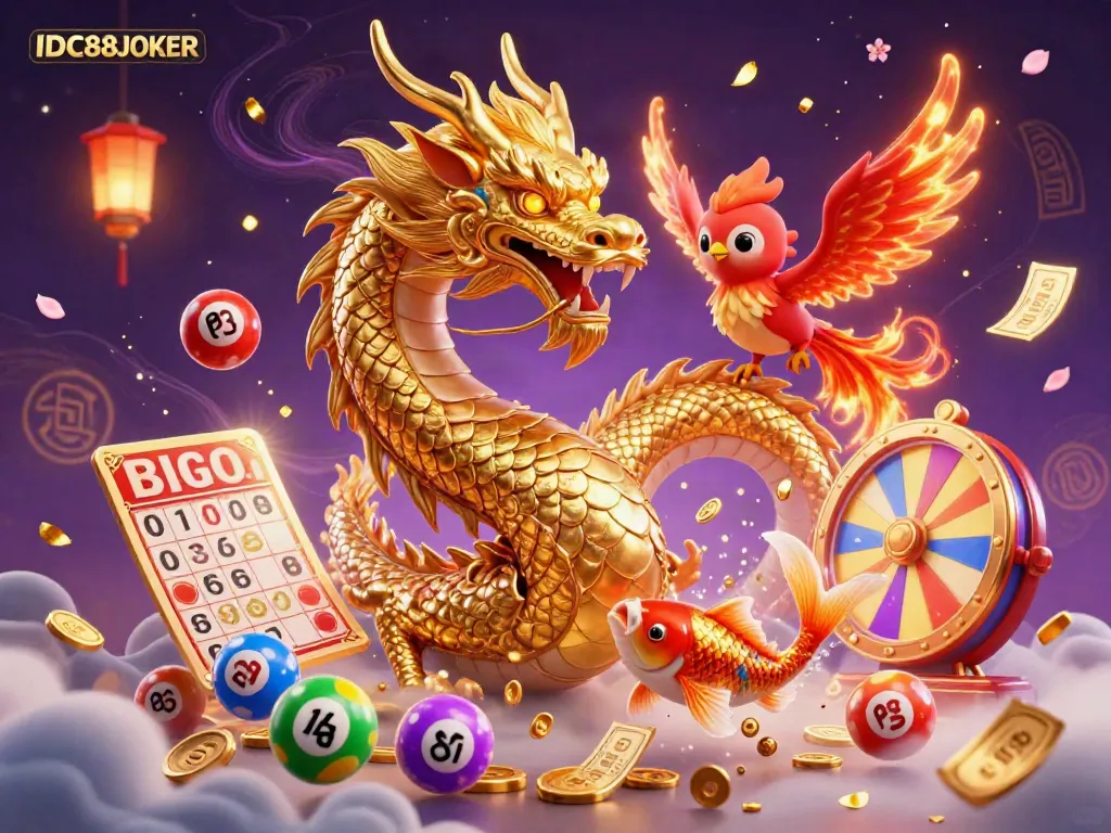 Experience the thrilling energy of IDC88JOKER with a dynamic illustration featuring a golden dragon, phoenix, and koi fish.