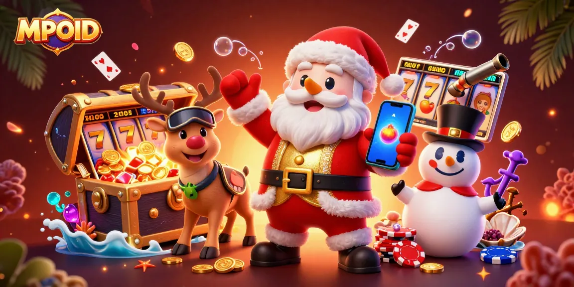Spin the reels for MPOID's jackpot slots with a festive casino scene featuring Santa and friends.