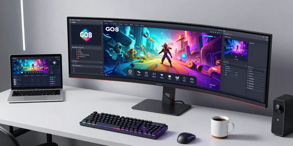 GO8 gaming development workspace showcasing software design elements in a modern, high-tech environment