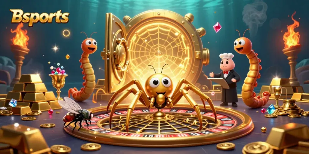 Bets placed at Bsports with golden spider and centipede croupier spinning the roulette web.