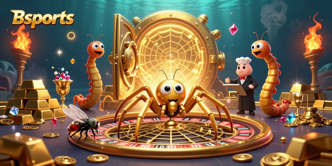 Bets placed at Bsports with golden spider and centipede croupier spinning the roulette web.