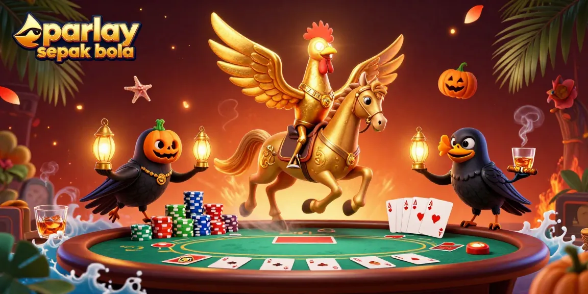 Experience the excitement of parlay sepak bola in a vibrant, colorful casino scene with animated characters.