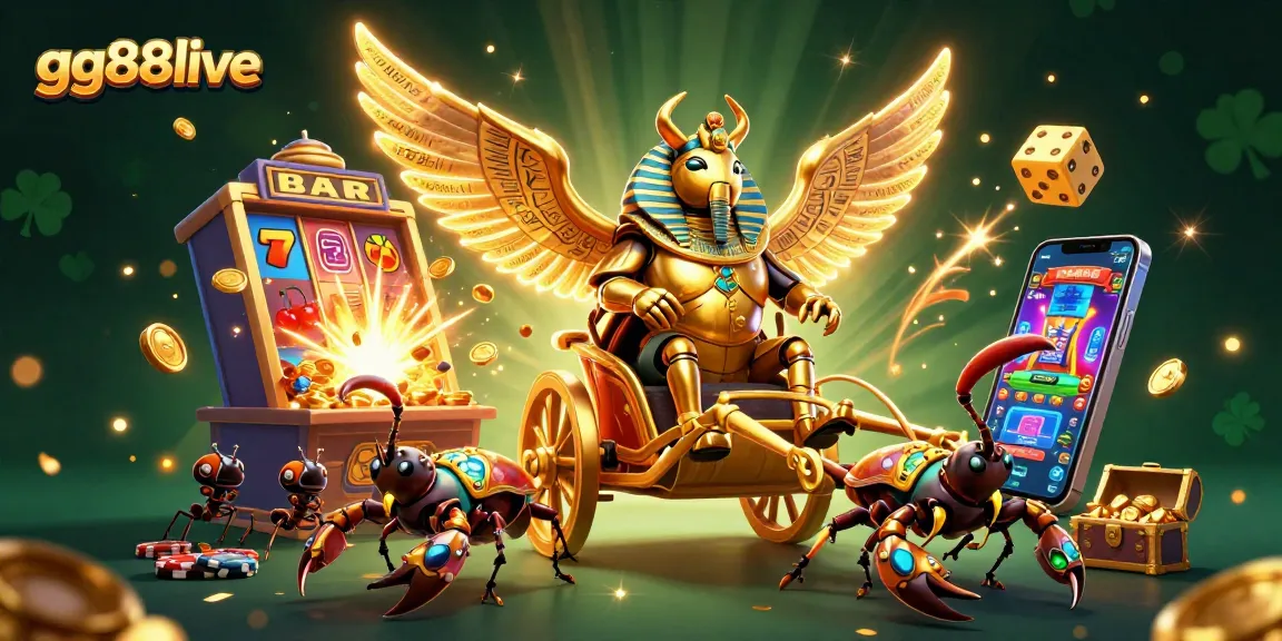Experience the excitement of gg88live with a vibrant 3D casino scene featuring a golden scarab and dynamic gaming elements.