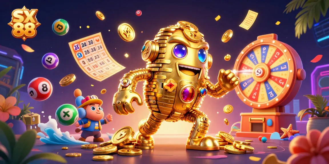 SX 88 showcases an exciting casino scene with a golden golem, dynamic lottery elements and vibrant game symbols