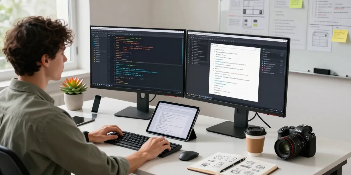 Build internal tools with AI in a modern workspace featuring a developer coding with multiple screens, notebooks, and plants.