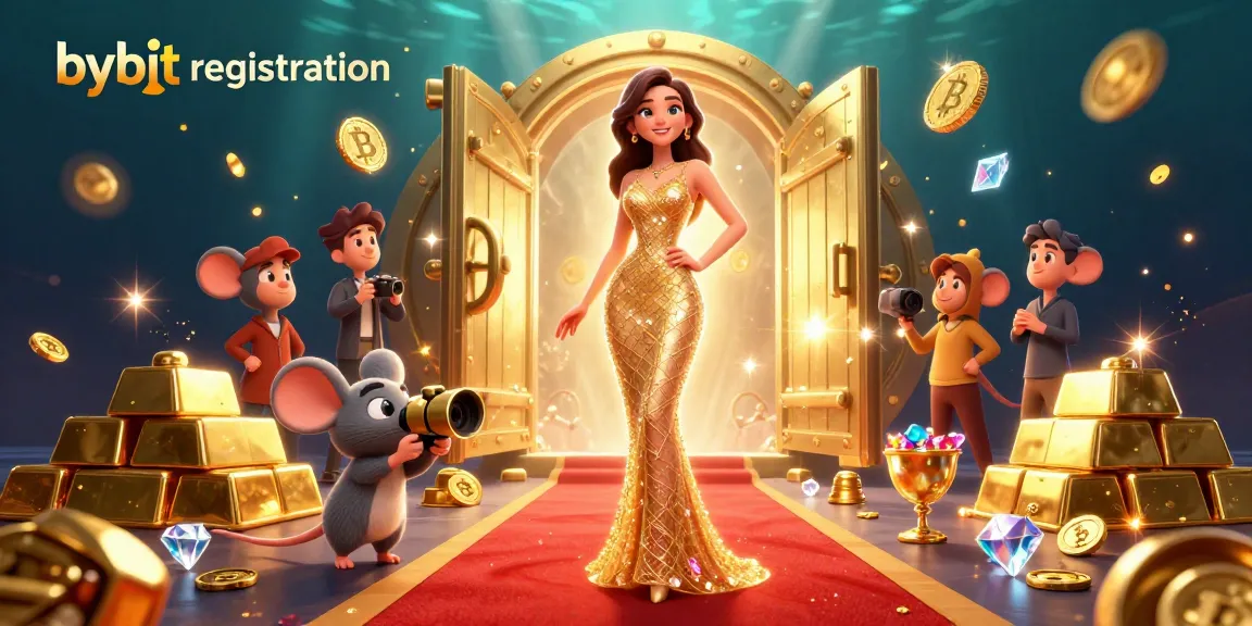 Engage in bybit registration with a stunning scene of a glamorous woman, golden treasures, and crypto elements.